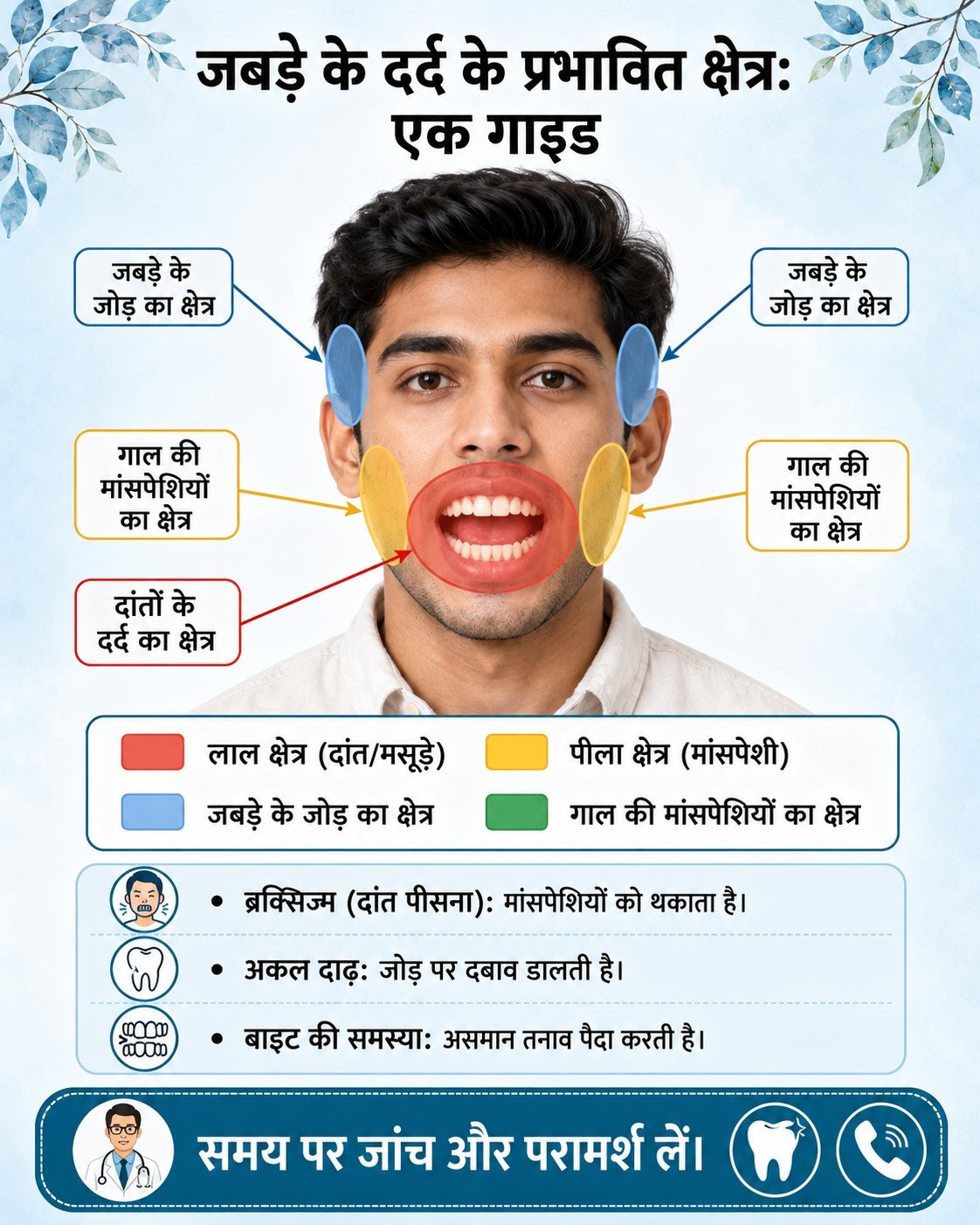 जबड़े के दर्द के प्रभावित क्षेत्र - चेहरे का गाइड