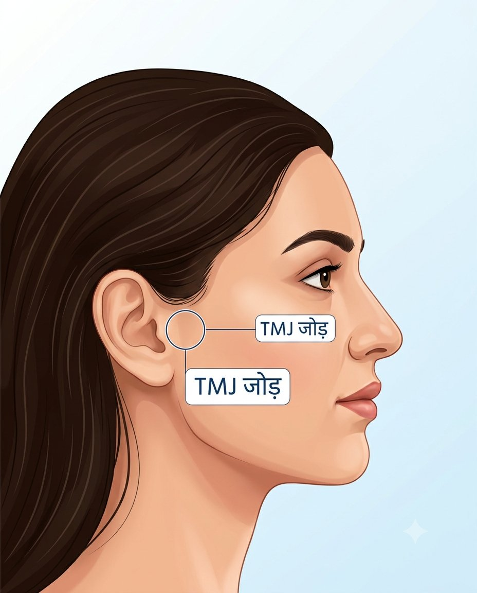 TMJ जोड़ कान के सामने स्थित — साइड प्रोफाइल