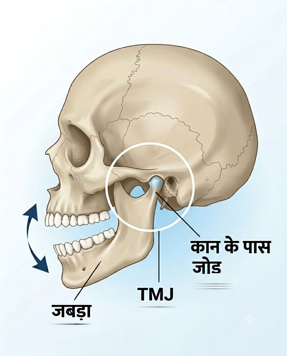 खोपड़ी का चित्र जिसमें जबड़ा और TMJ जोड़ दिखाया गया है